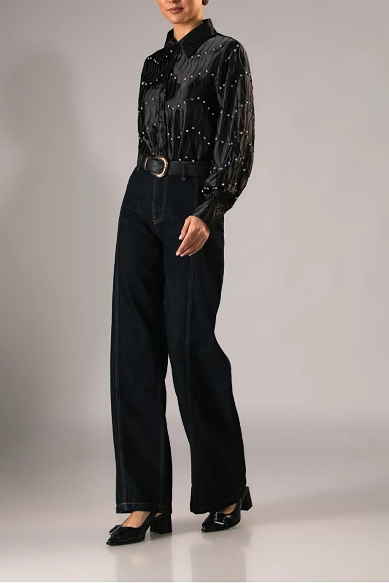 Silk satin textured water ripple pleated loose-fitting rhinestone long-sleeved shirt（BUY 2 FREE SHIPPING)