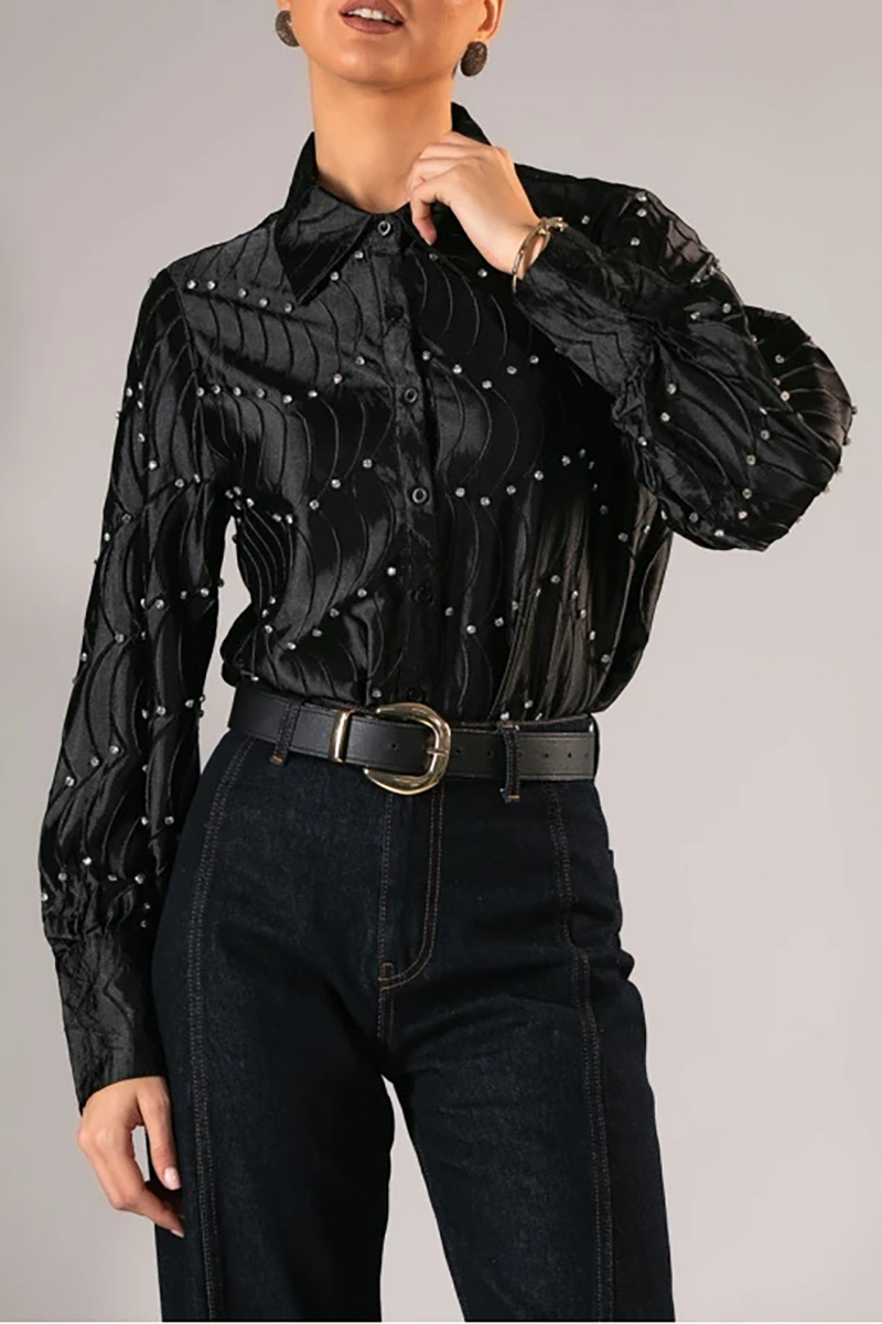 Silk satin textured water ripple pleated loose-fitting rhinestone long-sleeved shirt（BUY 2 FREE SHIPPING)