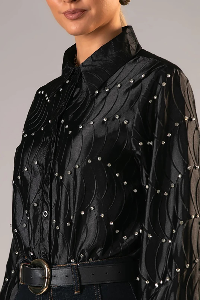 Silk satin textured water ripple pleated loose-fitting rhinestone long-sleeved shirt（BUY 2 FREE SHIPPING)
