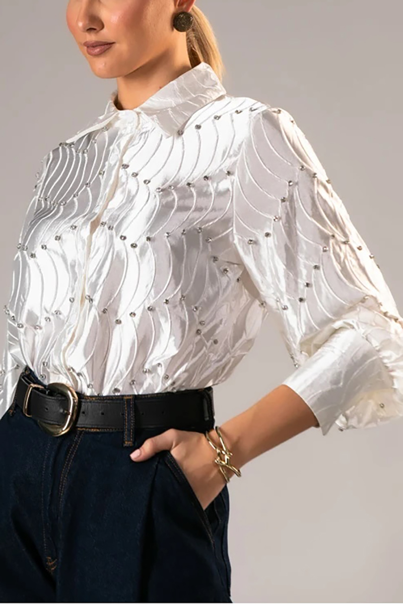 Silk satin textured water ripple pleated loose-fitting rhinestone long-sleeved shirt（BUY 2 FREE SHIPPING)