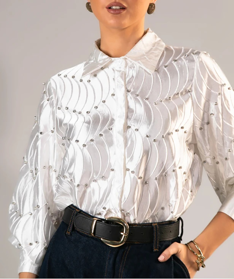 Silk satin textured water ripple pleated loose-fitting rhinestone long-sleeved shirt（BUY 2 FREE SHIPPING)