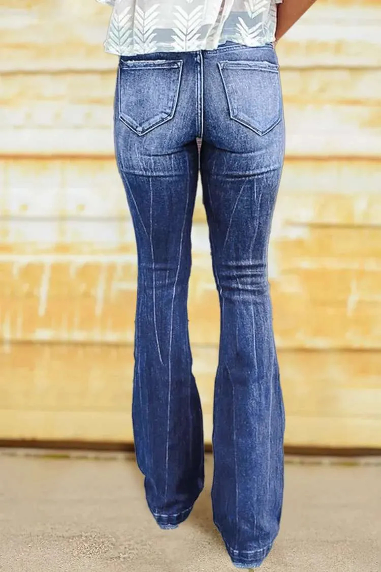 90S VINTAGE DISTRESSED ZIP FLY RAW HEM FLARE LEG JEANS