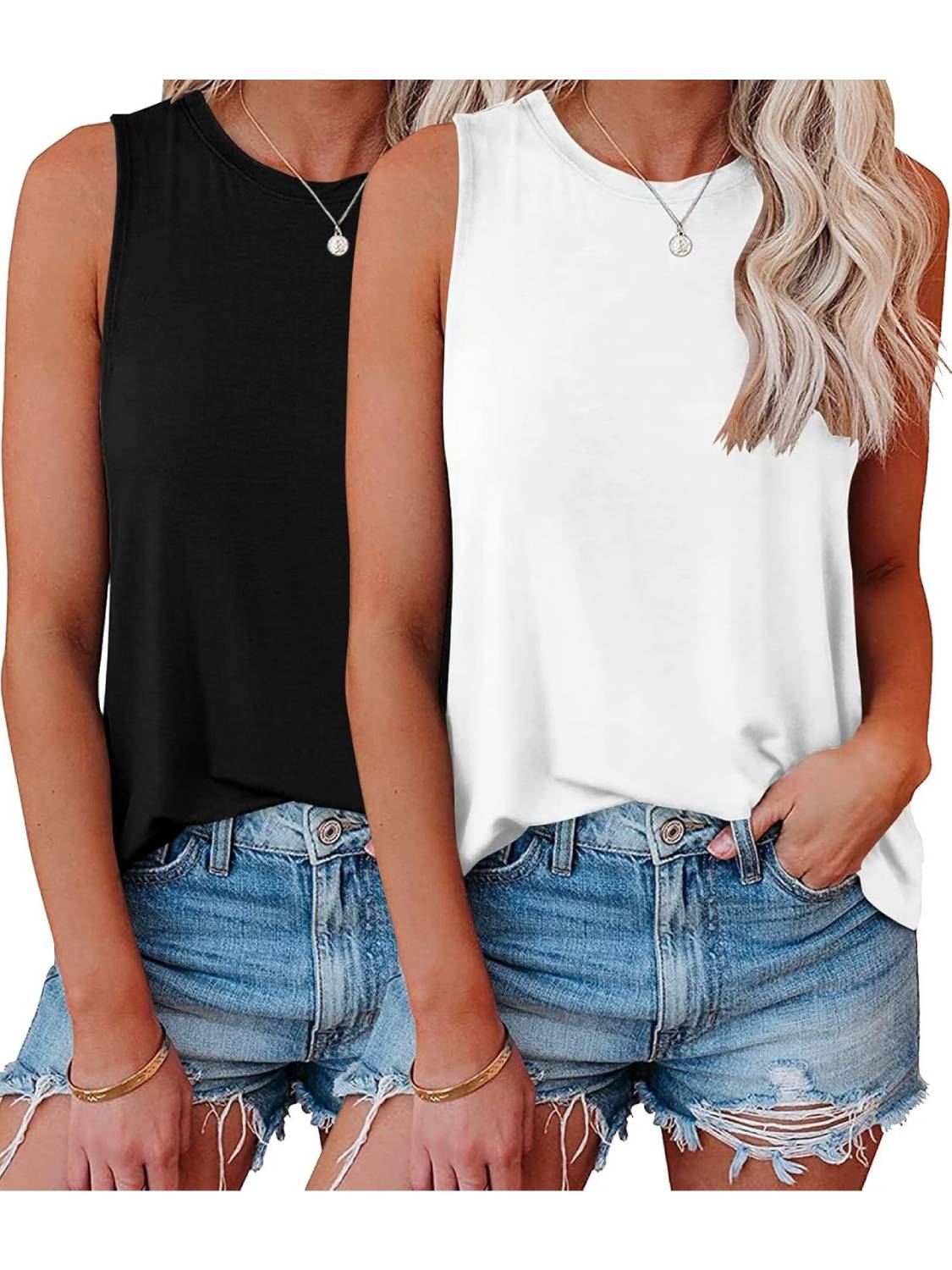 ⏰Hot Sale-Womens Crew Neck Sleeveless Loose Fit Casual 2 Pack Tank Tops (Buy 2 Free Shipping)