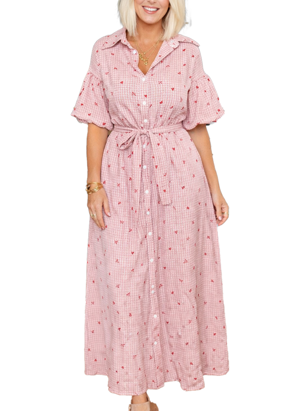 Valentine's Day Pink Heart-Print Shirt Dress (Buy 2 Free Shipping)