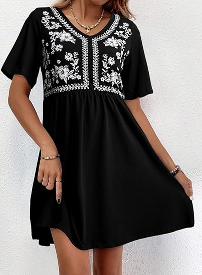 Womens Dresses Casual V Neck Boho Floral Short Sleeve Babydoll Mini Dress