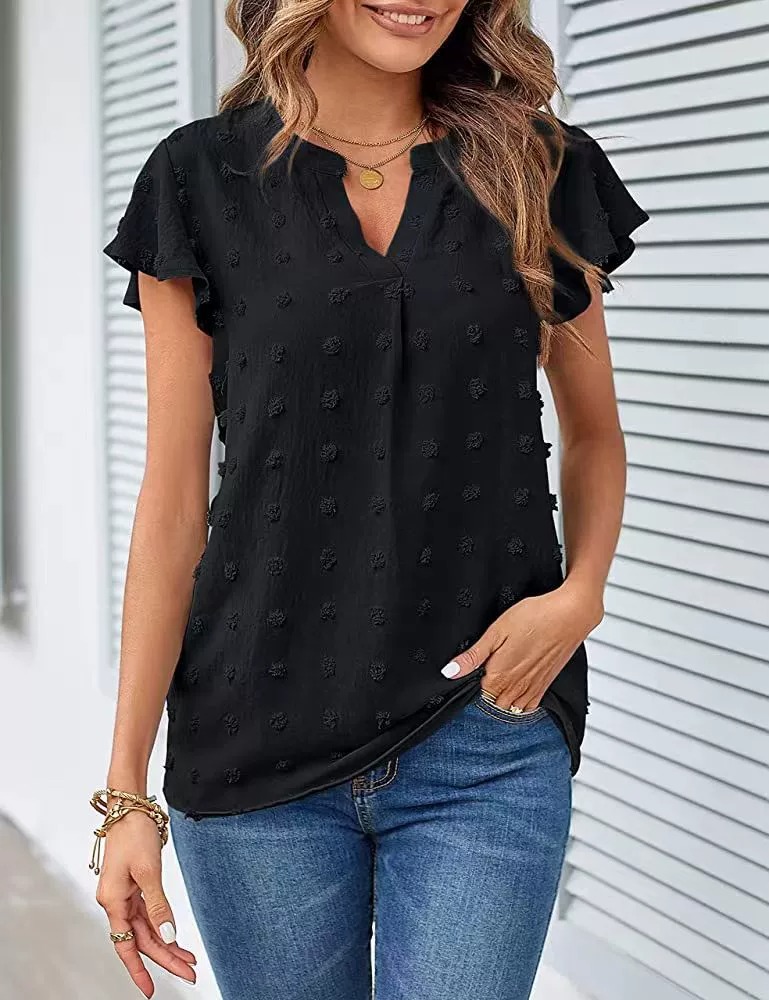 🔥HOT SALE🔥Womens White Blouse V Neck Ruffle Sleeve Flowy Shirts Dressy Casual Cute Summer Tops(BUY 3 GET FREE SHIPPING)