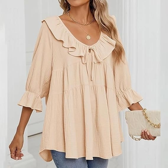 🔥HOT SALE🔥3/4 Sleeve Tee Round Neck Tie Front Layered Ruffle Shirt(BUY 2 FREE SHIPPING)