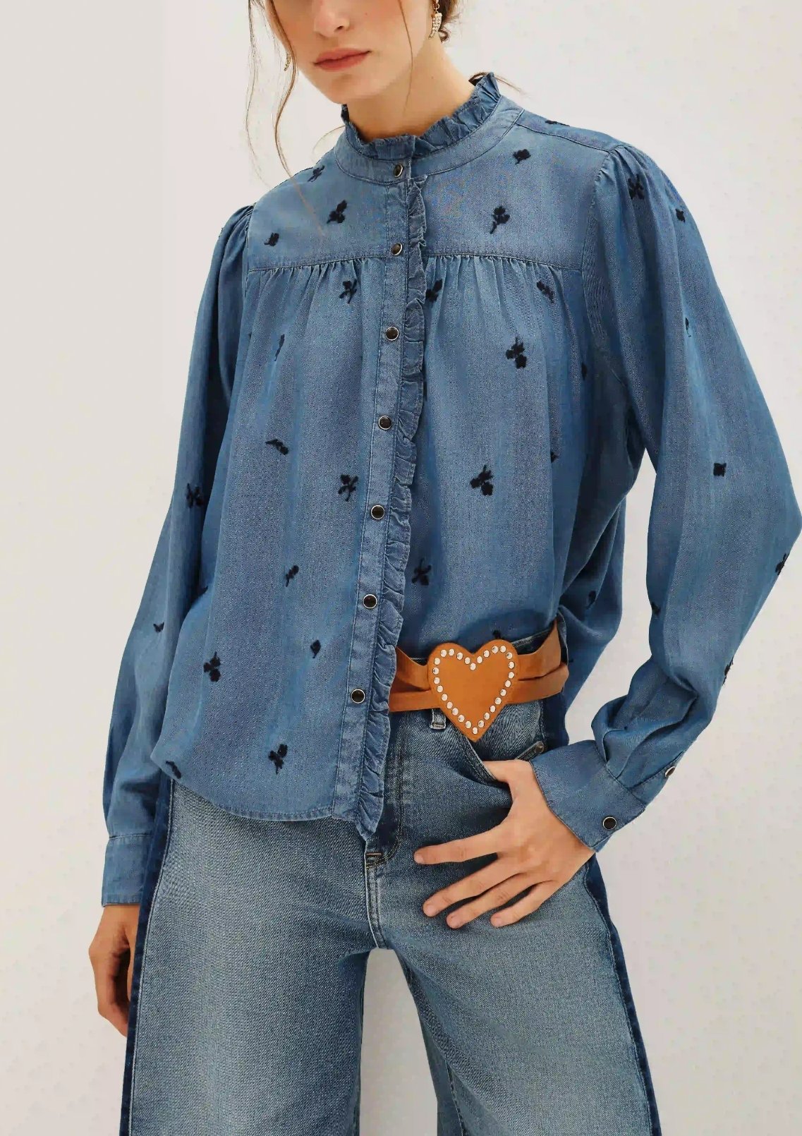 Women's long-sleeved round neck denim ruffle shirt（buy 2 free shipping)