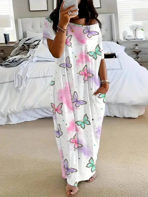 Women’s Batwing Sleeve Lounge Dress – Casual Short Sleeve Nightgown for Home & Daily Wear(BUY 2 FREE SHIPPING)
