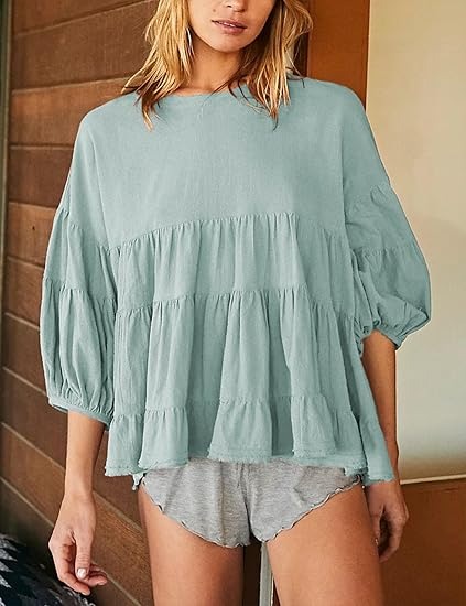 🔥HOT SALE🔥Women's Babydoll Shirts 3/4 Lantern Sleeve Peplum Tops Crewneck Loose Fit Oversized Round Neck Tunic Shirts(BUY 2 FREE SHIPPING)