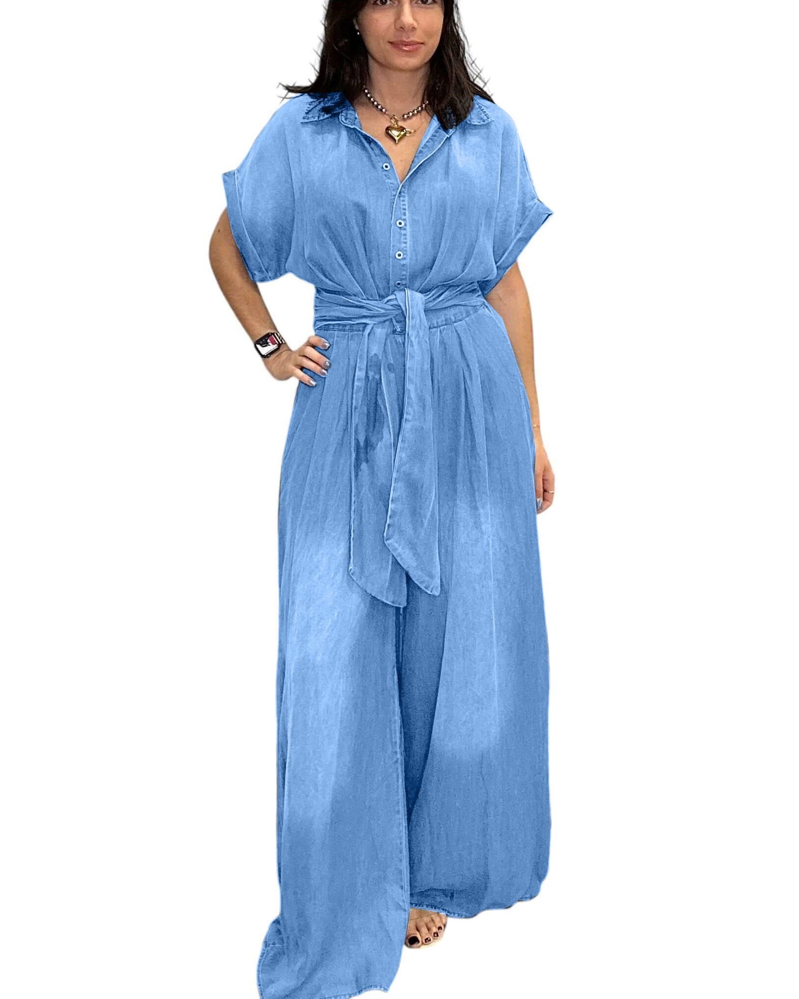 🔥HOT SALE🔥Casual Bat Sleeve Tie-Waist Tencel Denim Wide-Leg Jumpsuit (Buy 2 Free Shipping)