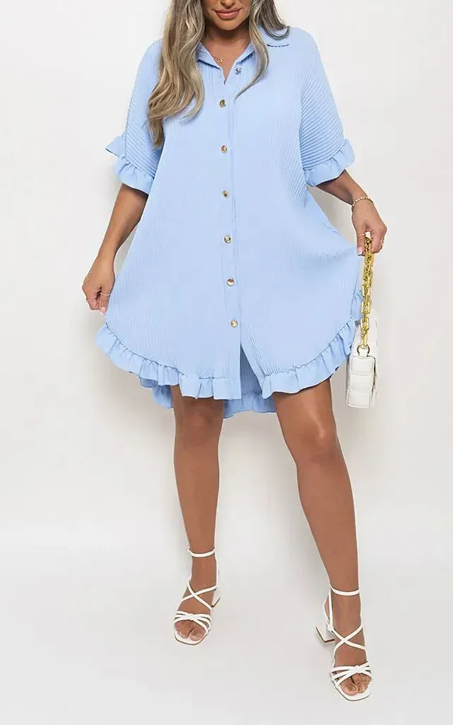 🔥🔥🔥🔥2024 STRETCH FANCY RIB BUTTON DOWN OVERSIZED RUFFLE SHORT SLEEVE MINI DRESS(BUY 2 FREE SHIPPING)
