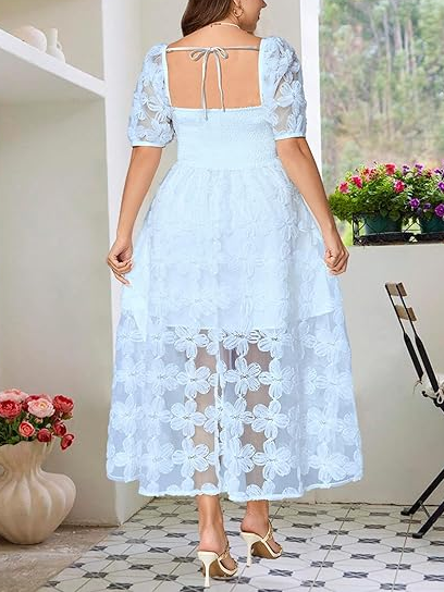 Women's Floral Embroidered Sweetheart Neck Midi Dress