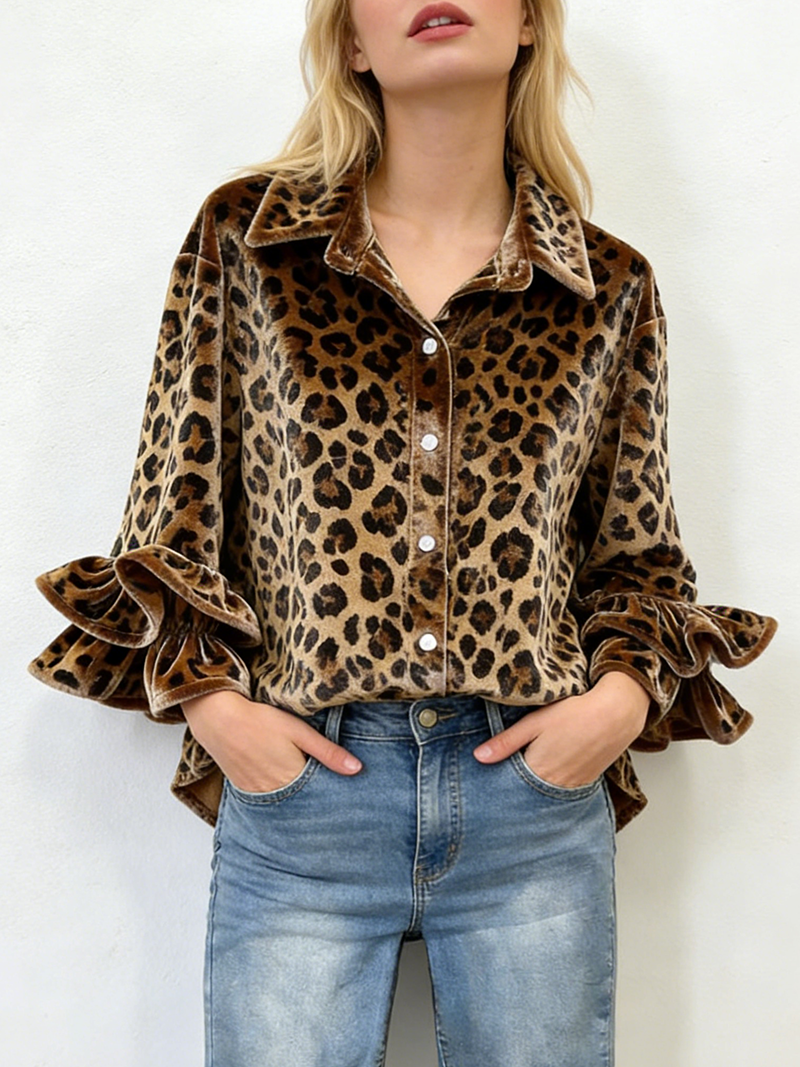 Leopard Ruffle Long Sleeve Velvet Top