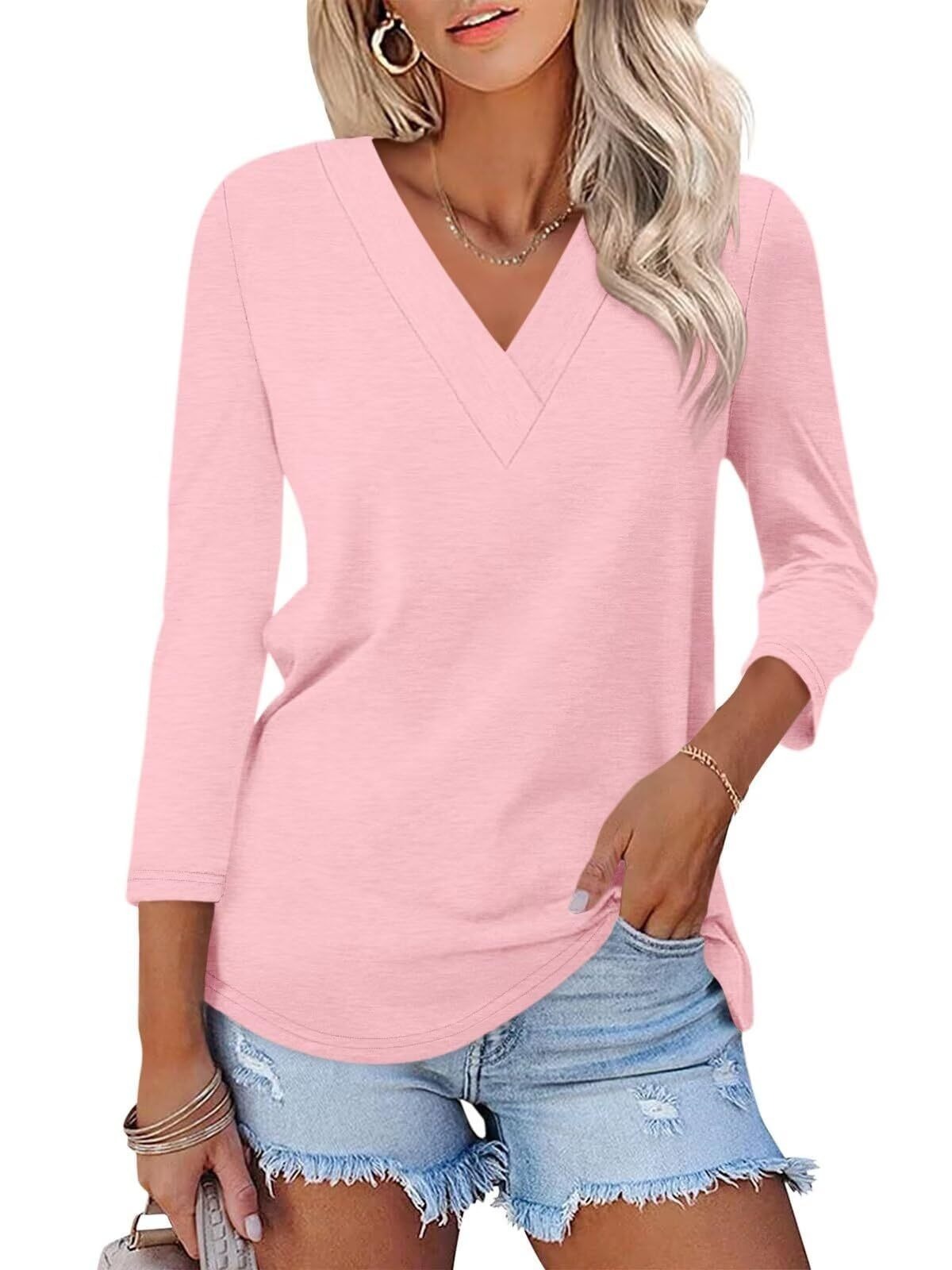 🔥Hot Sale🔥Women's 3/4 Length Sleeves V Neck Shirts Basic Tees(BUY 3 FREE SHIPPING)
