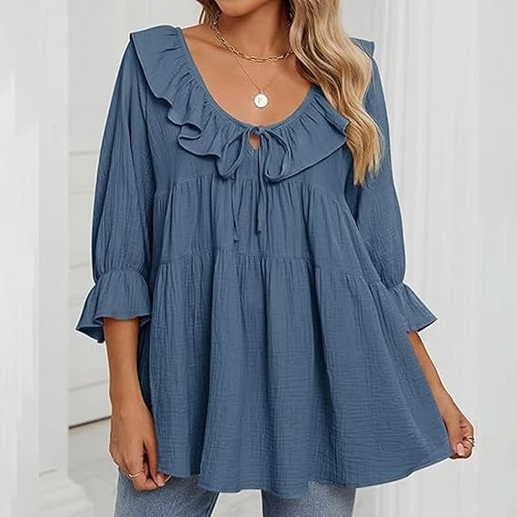 🔥HOT SALE🔥3/4 Sleeve Tee Round Neck Tie Front Layered Ruffle Shirt(BUY 2 FREE SHIPPING)