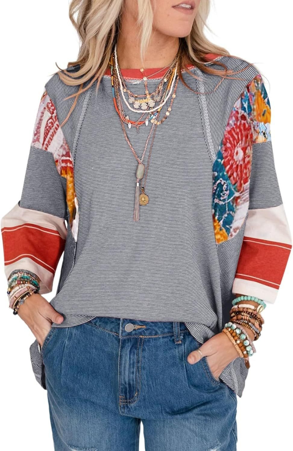 WOMEN'S CASUAL STRIPED FLORAL PRINT PATCHWORK OVERSIZED 3/4 SLEEVE TOP(Buy 2 Free Shipping)
