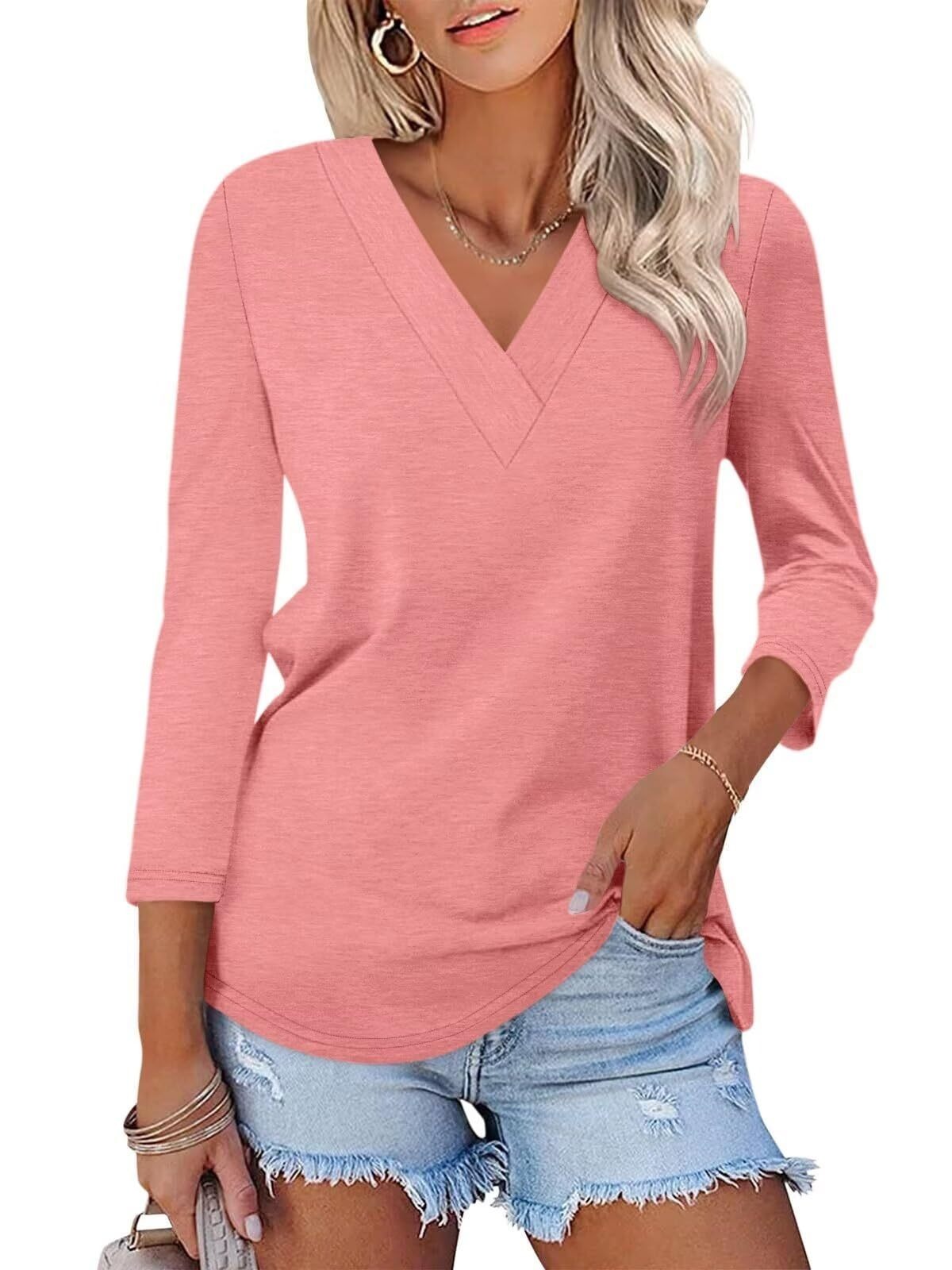 🔥Hot Sale🔥Women's 3/4 Length Sleeves V Neck Shirts Basic Tees(BUY 3 FREE SHIPPING)