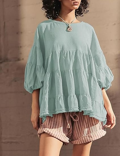 🔥HOT SALE🔥Women's Babydoll Shirts 3/4 Lantern Sleeve Peplum Tops Crewneck Loose Fit Oversized Round Neck Tunic Shirts(BUY 2 FREE SHIPPING)