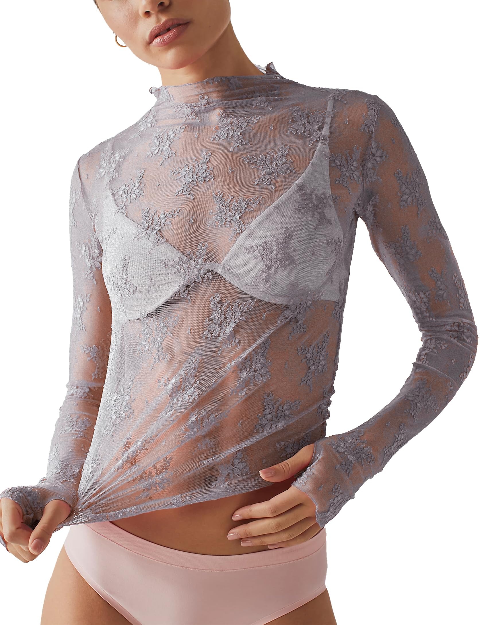🔥HOT SALE🔥Women Long Sleeve Tops Sheer Lace Basic Shirt Casual Pullover for Fall Club Streetwear Aesthetic Clothes