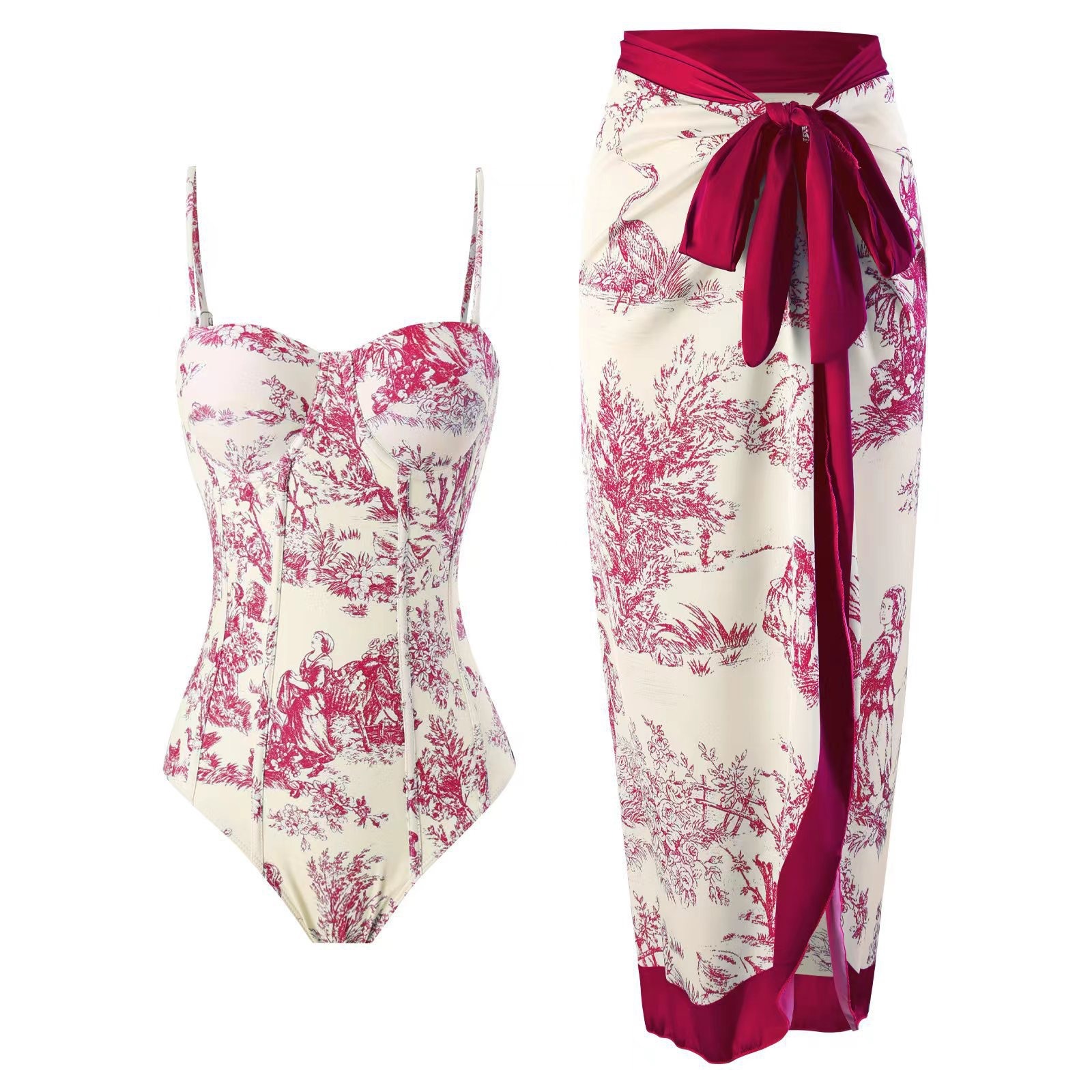 ✨Women Adjustable Shoulder Strip Plant Prints One Piece Swimsuit and Skirt/Sarong(BUY 2 FREE SHIPPING)