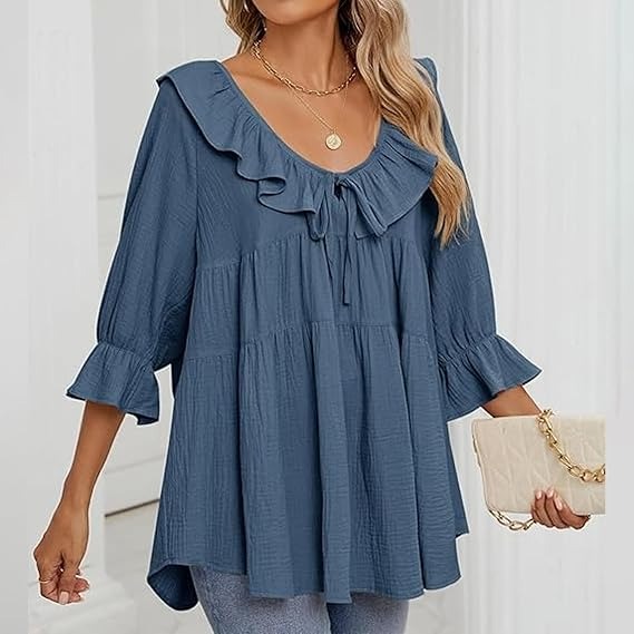 🔥HOT SALE🔥3/4 Sleeve Tee Round Neck Tie Front Layered Ruffle Shirt(BUY 2 FREE SHIPPING)