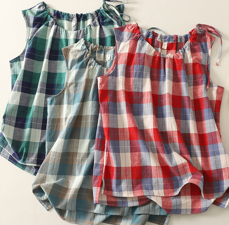 Plaid Cozy Round Neck Drawstring Sleeveless Shirt