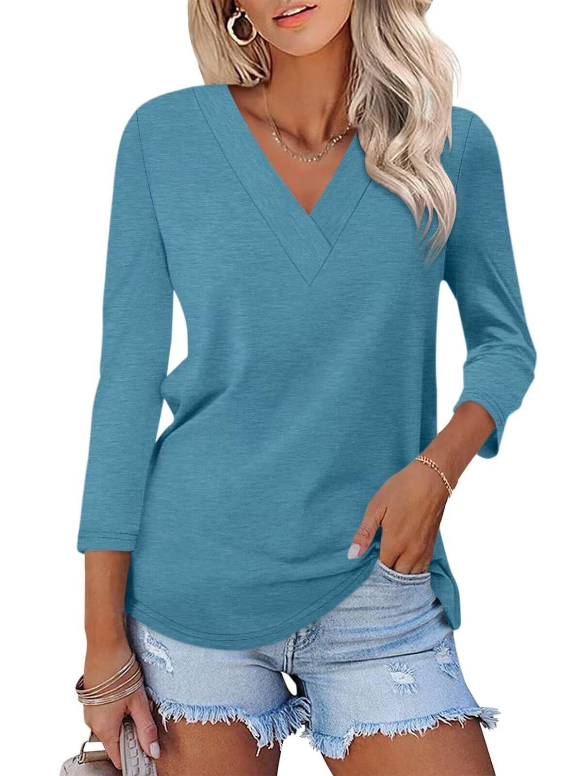 🔥Hot Sale🔥Women's 3/4 Length Sleeves V Neck Shirts Basic Tees(BUY 3 FREE SHIPPING)