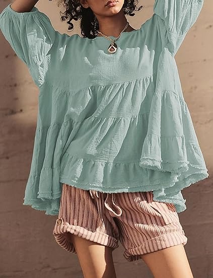 🔥HOT SALE🔥Women's Babydoll Shirts 3/4 Lantern Sleeve Peplum Tops Crewneck Loose Fit Oversized Round Neck Tunic Shirts(BUY 2 FREE SHIPPING)