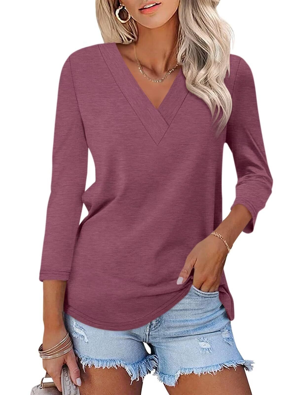 🔥Hot Sale🔥Women's 3/4 Length Sleeves V Neck Shirts Basic Tees(BUY 3 FREE SHIPPING)