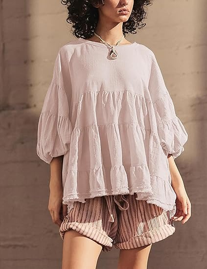 🔥HOT SALE🔥Women's Babydoll Shirts 3/4 Lantern Sleeve Peplum Tops Crewneck Loose Fit Oversized Round Neck Tunic Shirts(BUY 2 FREE SHIPPING)