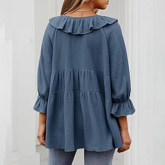 🔥HOT SALE🔥3/4 Sleeve Tee Round Neck Tie Front Layered Ruffle Shirt(BUY 2 FREE SHIPPING)