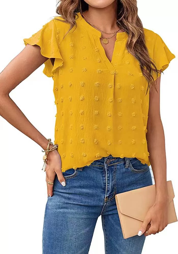 🔥HOT SALE🔥Womens White Blouse V Neck Ruffle Sleeve Flowy Shirts Dressy Casual Cute Summer Tops(BUY 3 GET FREE SHIPPING)