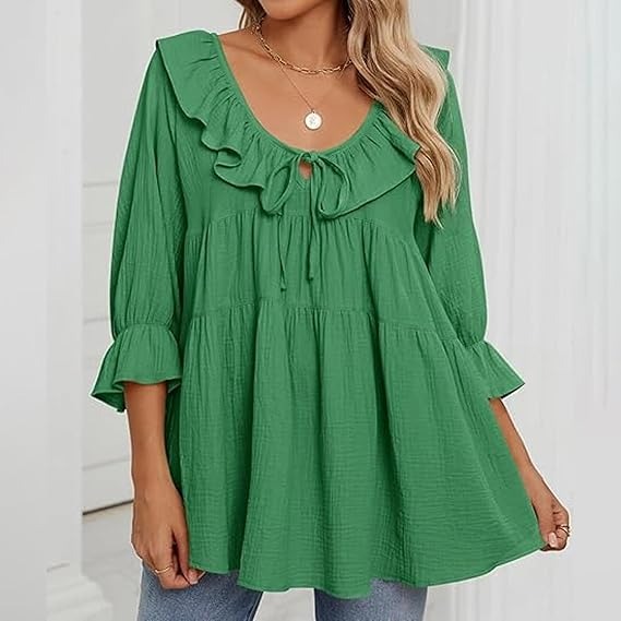 🔥HOT SALE🔥3/4 Sleeve Tee Round Neck Tie Front Layered Ruffle Shirt(BUY 2 FREE SHIPPING)