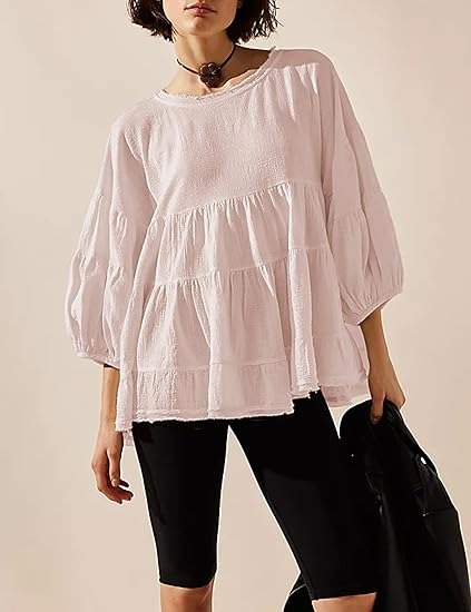 🔥HOT SALE🔥Women's Babydoll Shirts 3/4 Lantern Sleeve Peplum Tops Crewneck Loose Fit Oversized Round Neck Tunic Shirts(BUY 2 FREE SHIPPING)