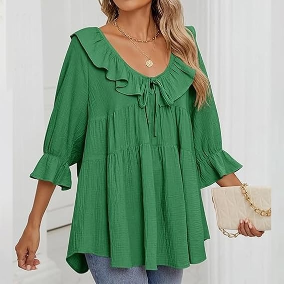 🔥HOT SALE🔥3/4 Sleeve Tee Round Neck Tie Front Layered Ruffle Shirt(BUY 2 FREE SHIPPING)