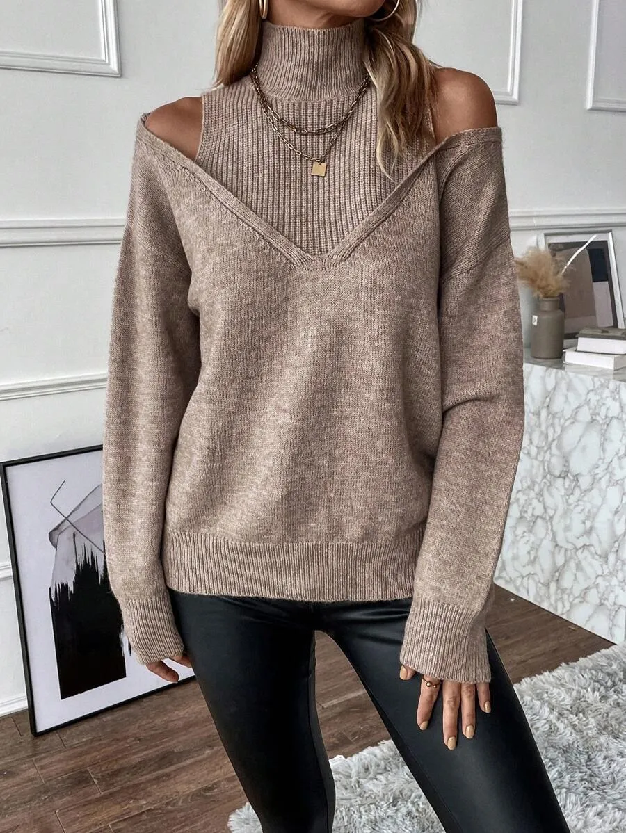 WOMEN'S TURTLENECK COLD SHOULDER 2 IN 1 SWEATER(BUY 2 FREE SHIPPING)