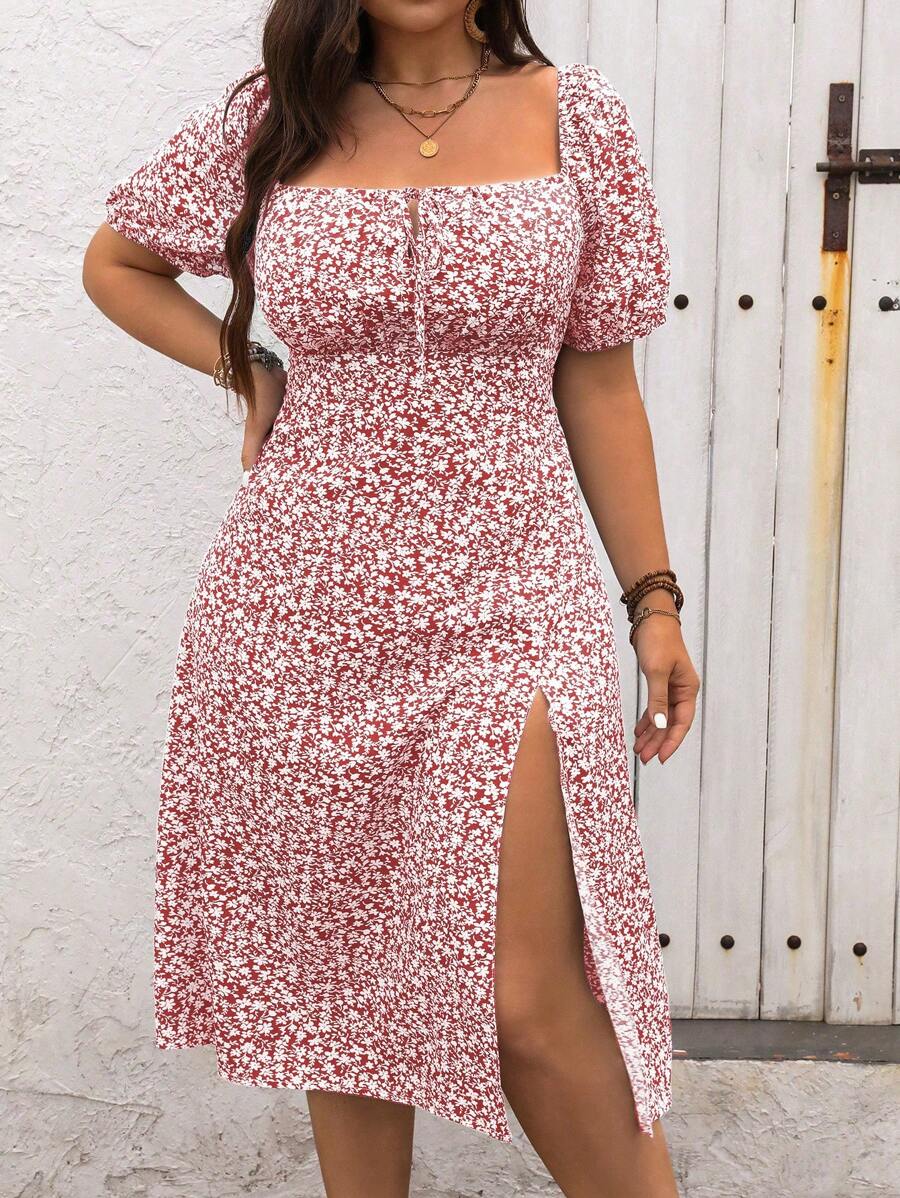 Women's Summer Plus Size Boho Casual Floral High Slit Dress (BUY 2 FREE SHIPPING))
