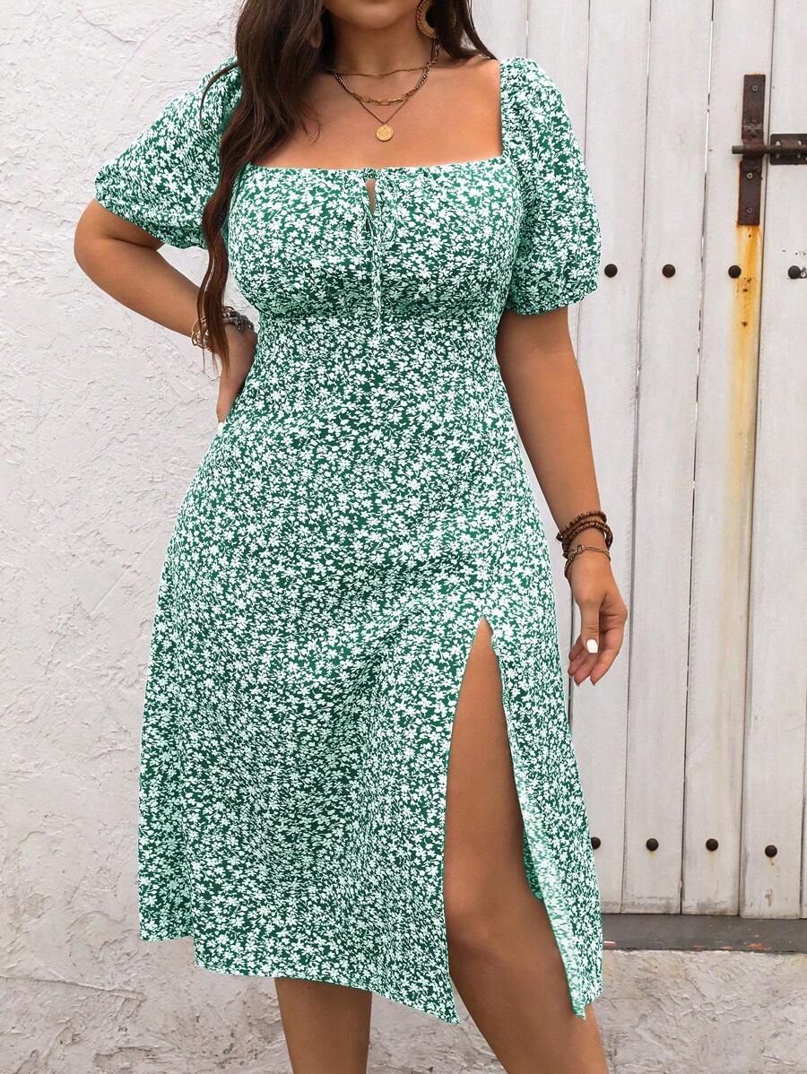 Women's Summer Plus Size Boho Casual Floral High Slit Dress (BUY 2 FREE SHIPPING))