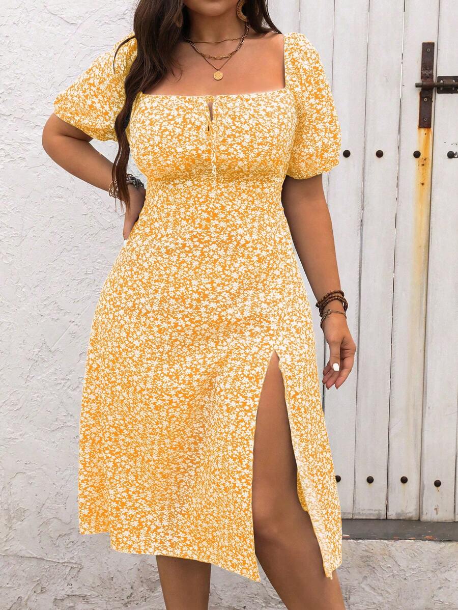 Women's Summer Plus Size Boho Casual Floral High Slit Dress (BUY 2 FREE SHIPPING))