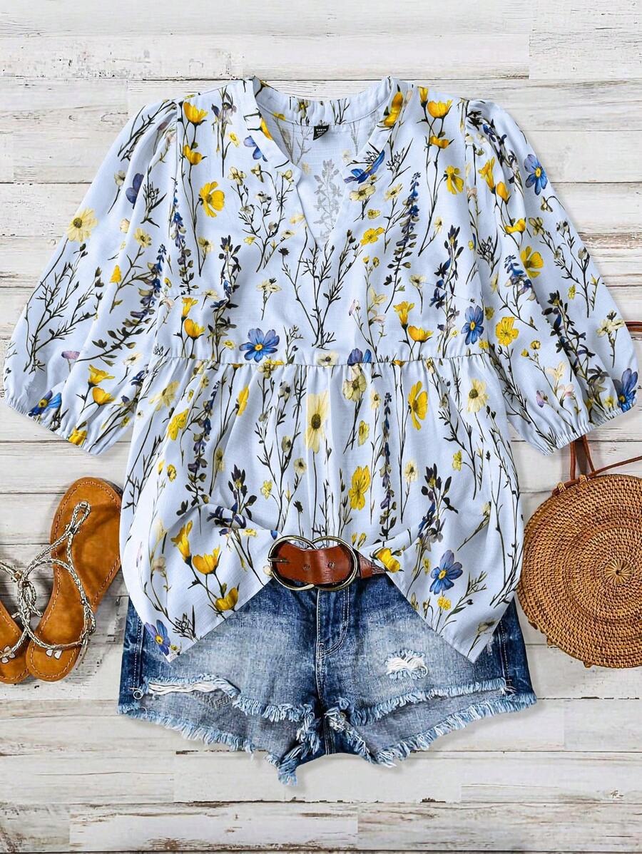 Women's Casual Printed Puff Sleeve Short Sleeve Tunic Top(BUY 2 FREE SHIPPING)