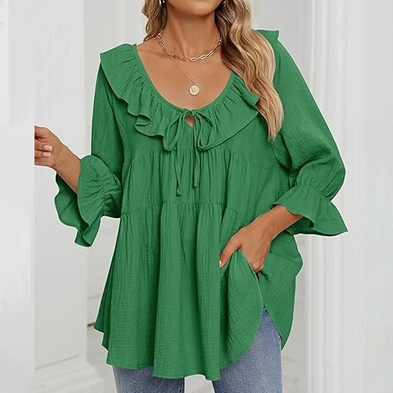 🔥HOT SALE🔥3/4 Sleeve Tee Round Neck Tie Front Layered Ruffle Shirt(BUY 2 FREE SHIPPING)