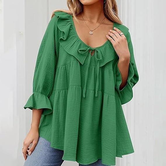 🔥HOT SALE🔥3/4 Sleeve Tee Round Neck Tie Front Layered Ruffle Shirt(BUY 2 FREE SHIPPING)