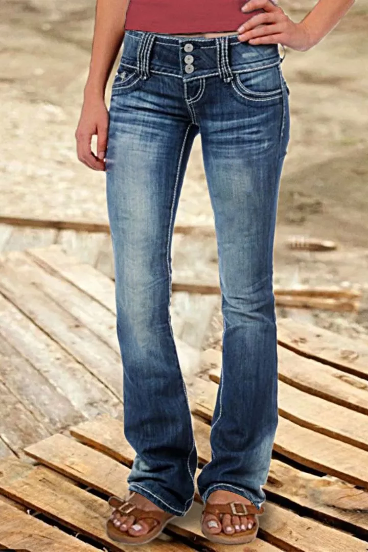 MIDIROS Vintage Low Waist Ripped Button Up Jeans-Umairmen