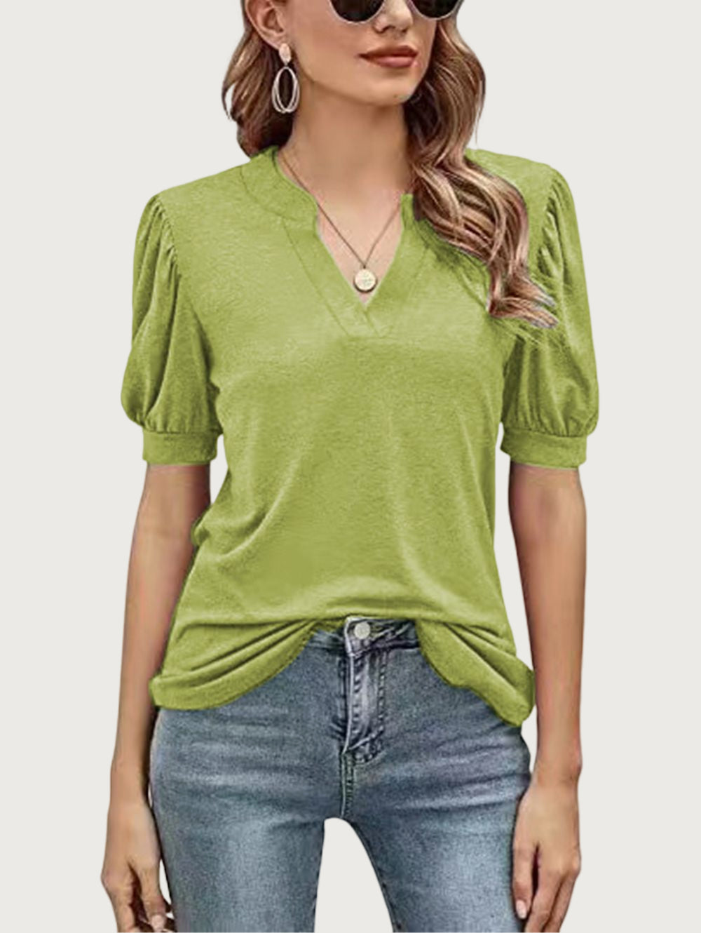 women's casual v-neck solid color puff sleeve loose t-shirt