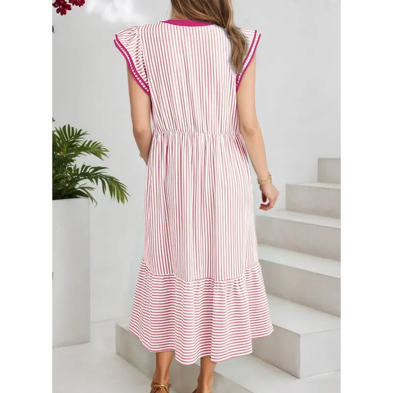 Womens Dresses 2026 Summer V-Neck Ruffle Cap Sleeve Empire Waist Flowy Striped Beach Midi Maxi Dress(buy 2 free shipping)
