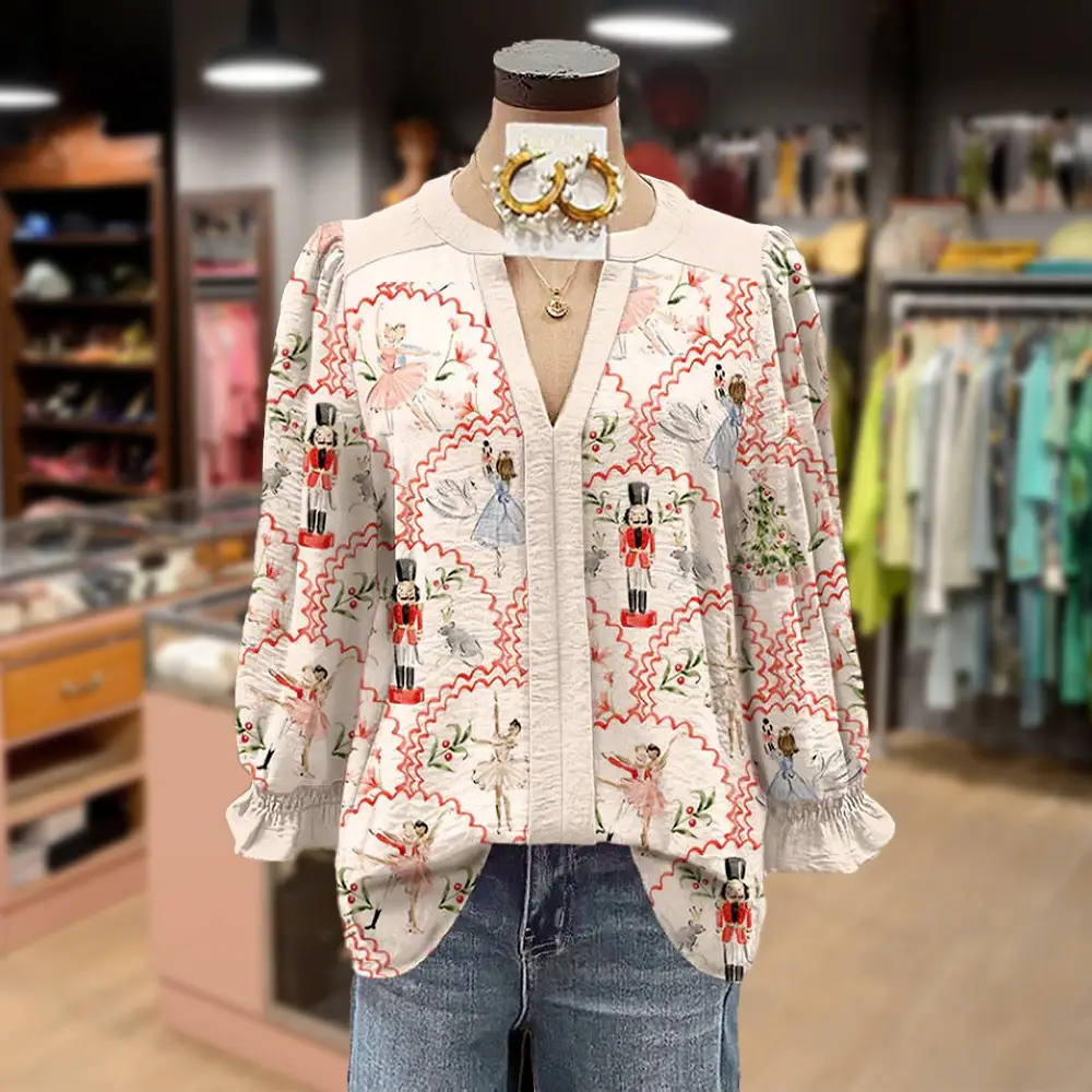 Christmas Nutcracker Print Cuff Sleeve Top（BUY 2 FREE SHIPPING)