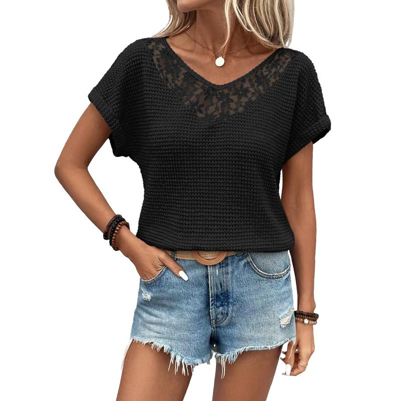 Women's Casual 2026 Waffle Knit Hollow Out Lace Tops Short Sleeve V Neck Loose Fit Shirts Blouses