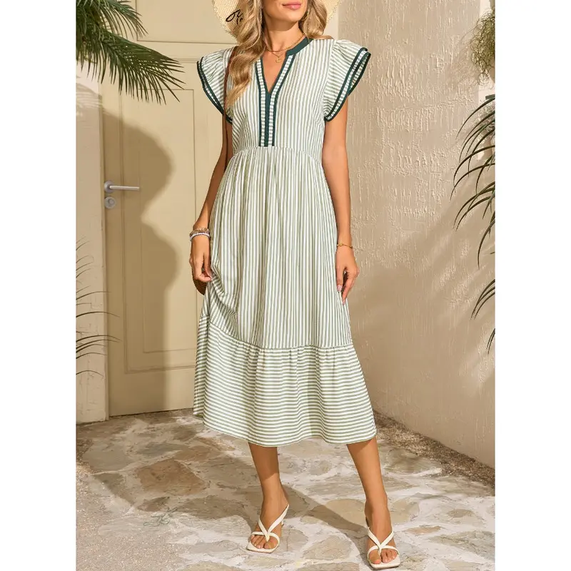 Womens Dresses 2026 Summer V-Neck Ruffle Cap Sleeve Empire Waist Flowy Striped Beach Midi Maxi Dress(buy 2 free shipping)