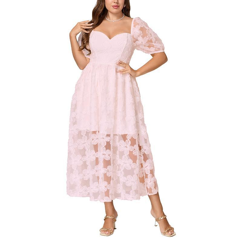 Women's Floral Embroidered Sweetheart Neck Midi Dress